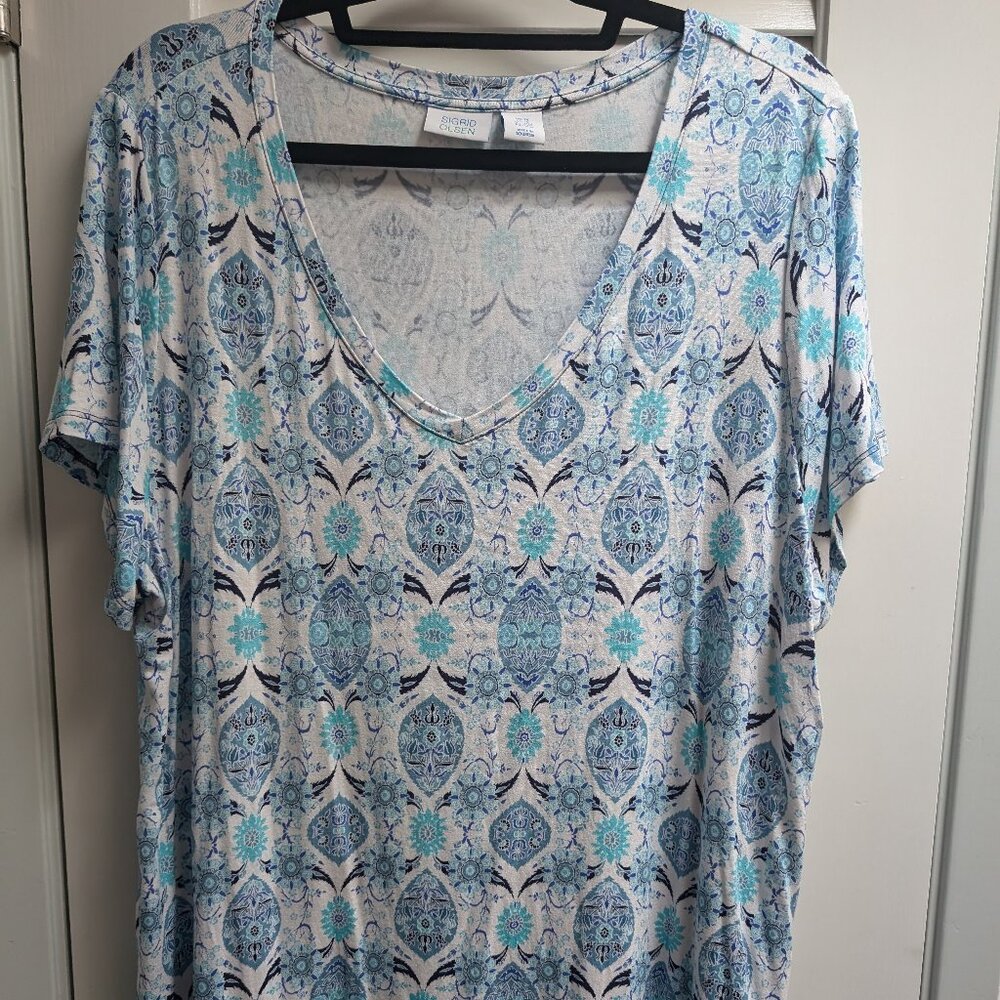 SIGRID OLSEN Plus Size  2X Jersey Knit Tunic Top Mixed Print Blue Coastal Casual